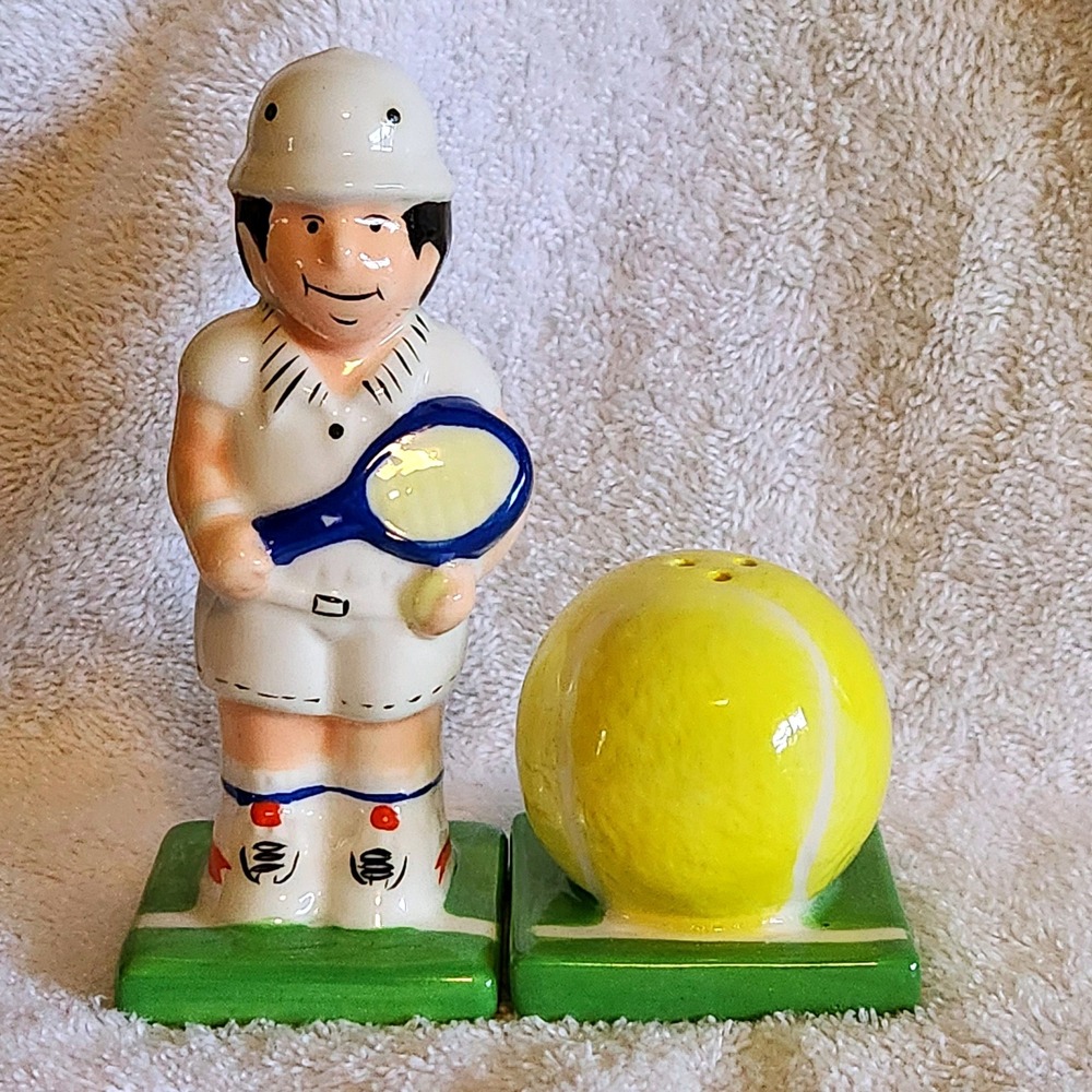 Vintage OCI Omnibus Ceramic Tennis Player and Ball Salt and Pepper Shaker Set